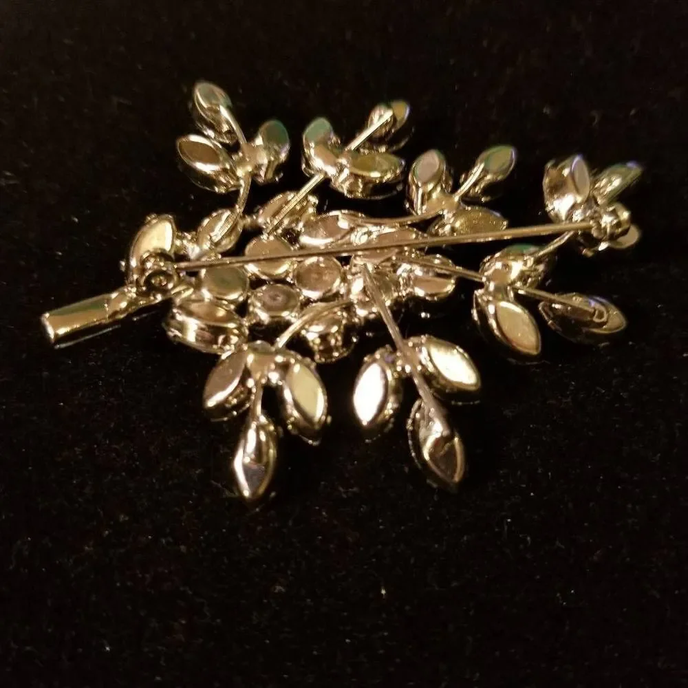 Vintage Clear Rhinestone Brooch Pin Leaf Cluster